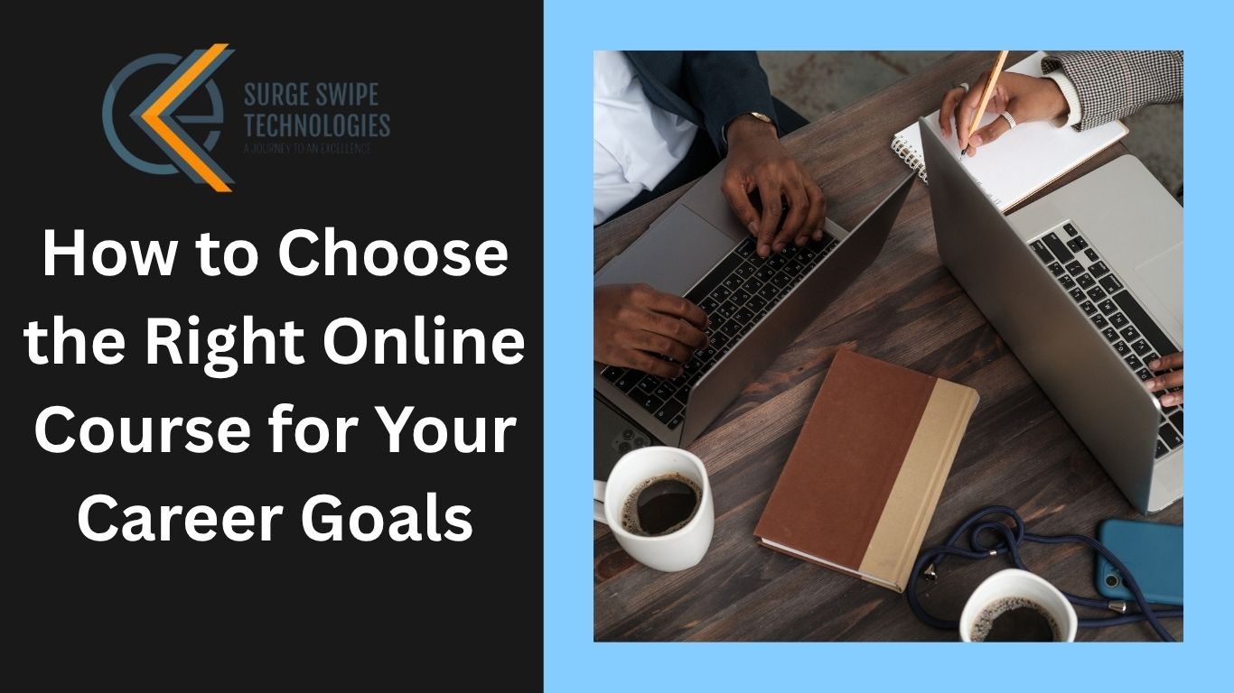 A professional thoughtfully selecting an online course on a laptop, surrounded by icons representing education, career growth, and certificates.