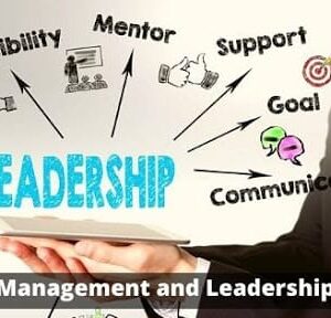 Leadership & Management Mastery online course banner featuring confident business professionals in a virtual or corporate setting, with visuals representing leadership, team collaboration, and digital learning