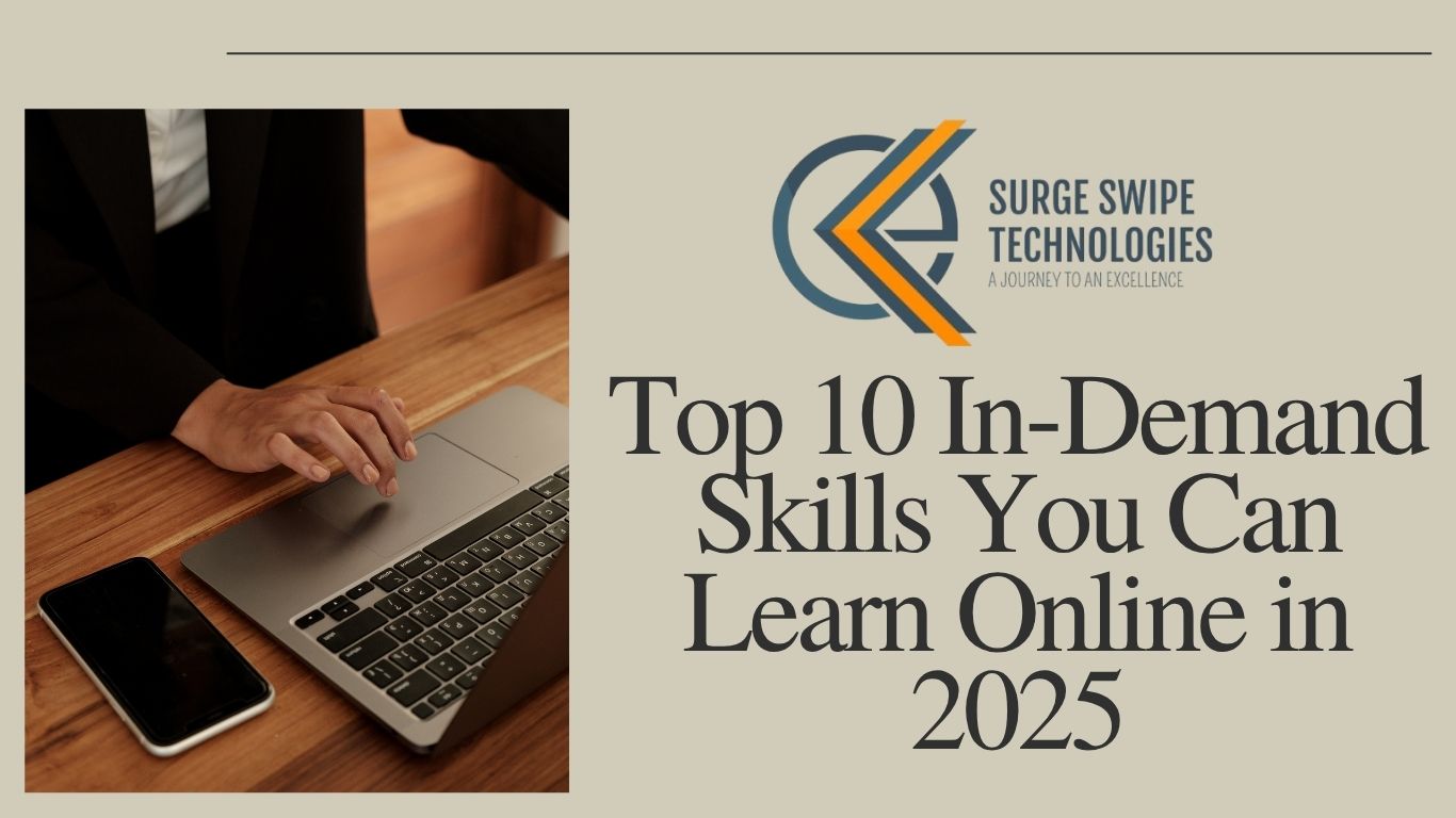A flat-style illustration showing diverse professionals learning online with laptops and tablets, surrounded by icons representing skills like AI, data analytics, coding, and digital marketing.