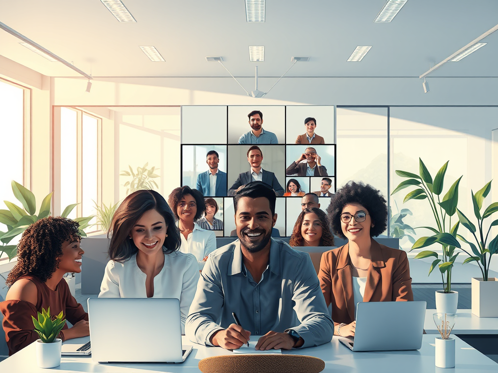 Remote and in-office employees collaborating via digital tools in a hybrid setup.