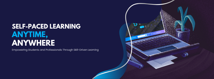 Illustration of self-paced online learning with a student studying on a laptop at home, surrounded by digital course icons.