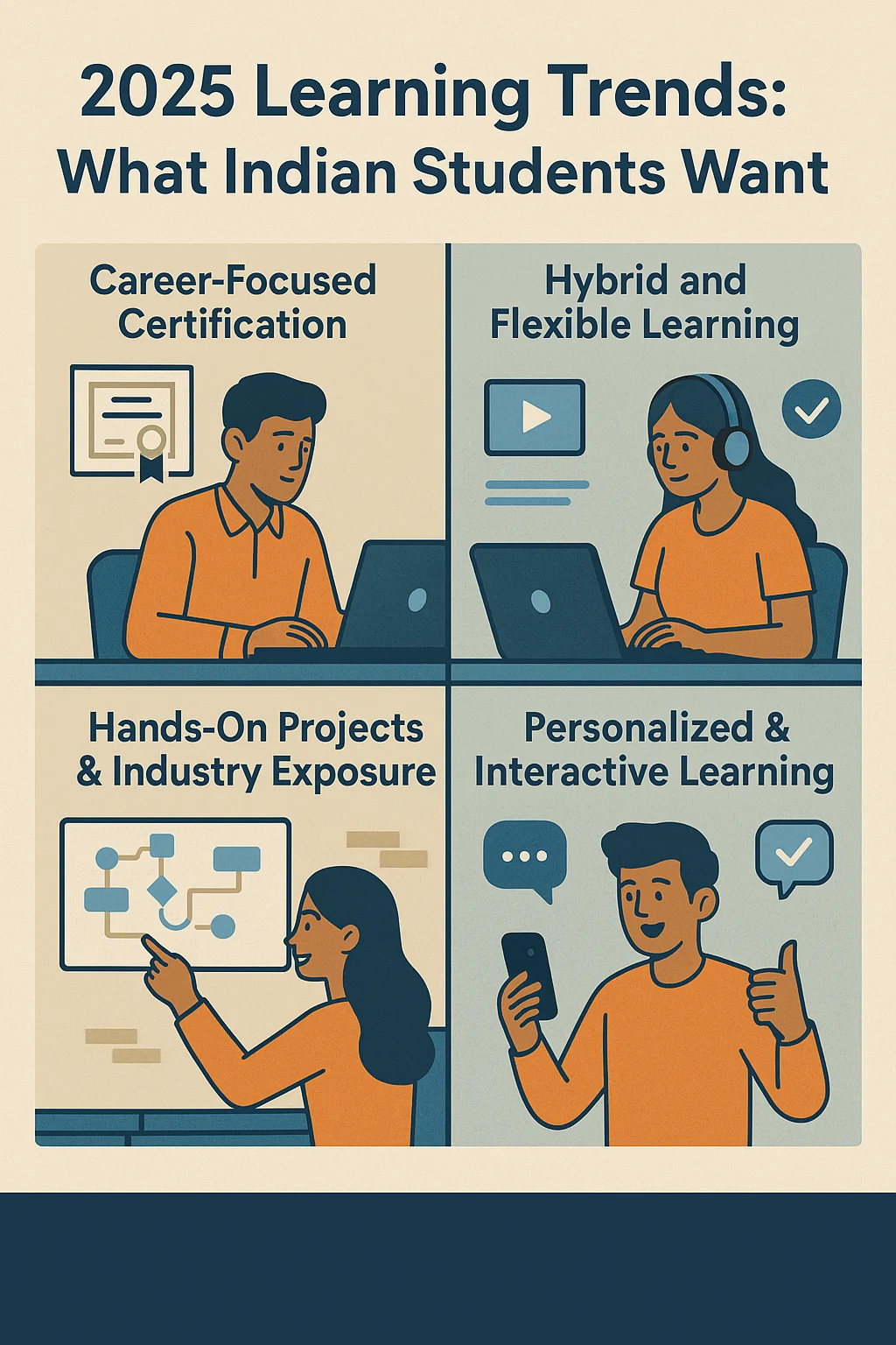 A visual breakdown of the top learning preferences among Indian students in 2025—flexible, skill-based, and industry-relevant education.
