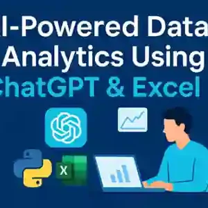Illustration of a person analyzing data on a laptop using ChatGPT, Excel, and Python tools in an AI-powered analytics workshop