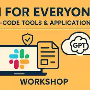 Illustration showing AI tools like ChatGPT and productivity apps in a no-code virtual workshop for beginners