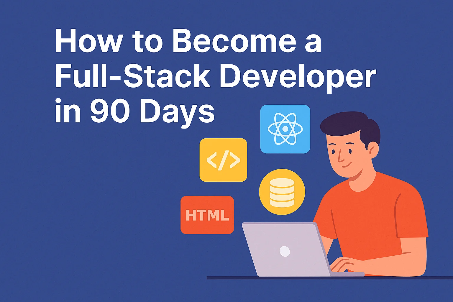 Illustration of a young man learning full-stack development on a laptop, surrounded by coding icons like HTML, React, and database, under the blog title.