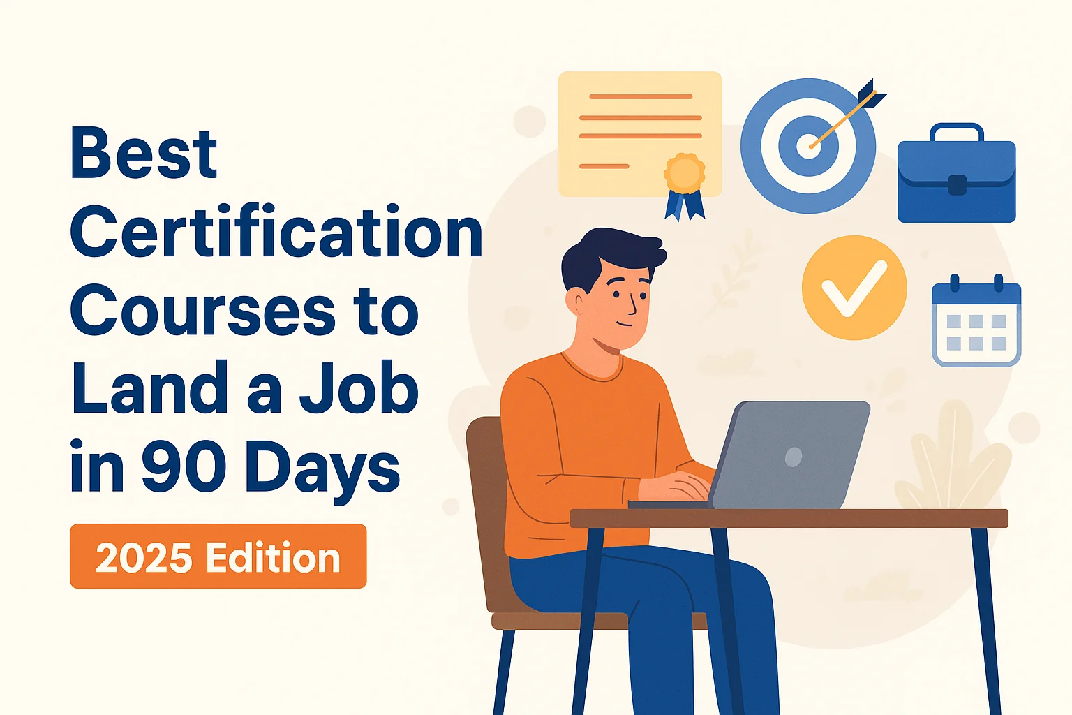 Illustration of a student using a laptop with icons of a certificate, briefcase, target, and calendar, promoting job-ready certification courses for 2025.