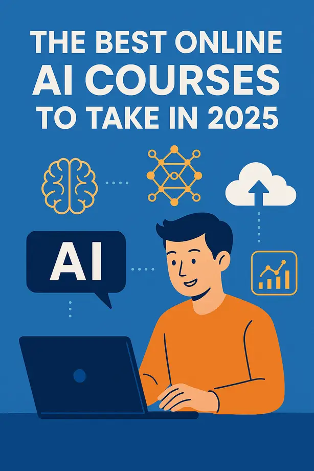 Illustration of a student learning AI online using a laptop, surrounded by digital icons representing artificial intelligence, cloud computing, and ChatGPT in 2025.