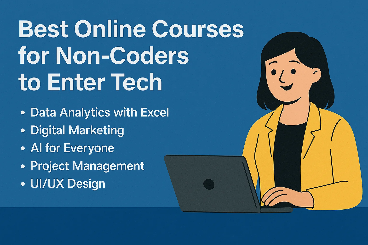 A beginner-friendly visual guide highlighting job-ready tech courses for non-coders, featuring career paths like analytics, digital marketing, and AI tools.
