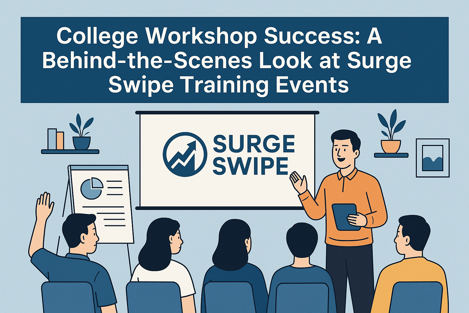 Digital illustration showing a Surge Swipe trainer delivering a college workshop to a group of students with a projector screen and presentation visuals.