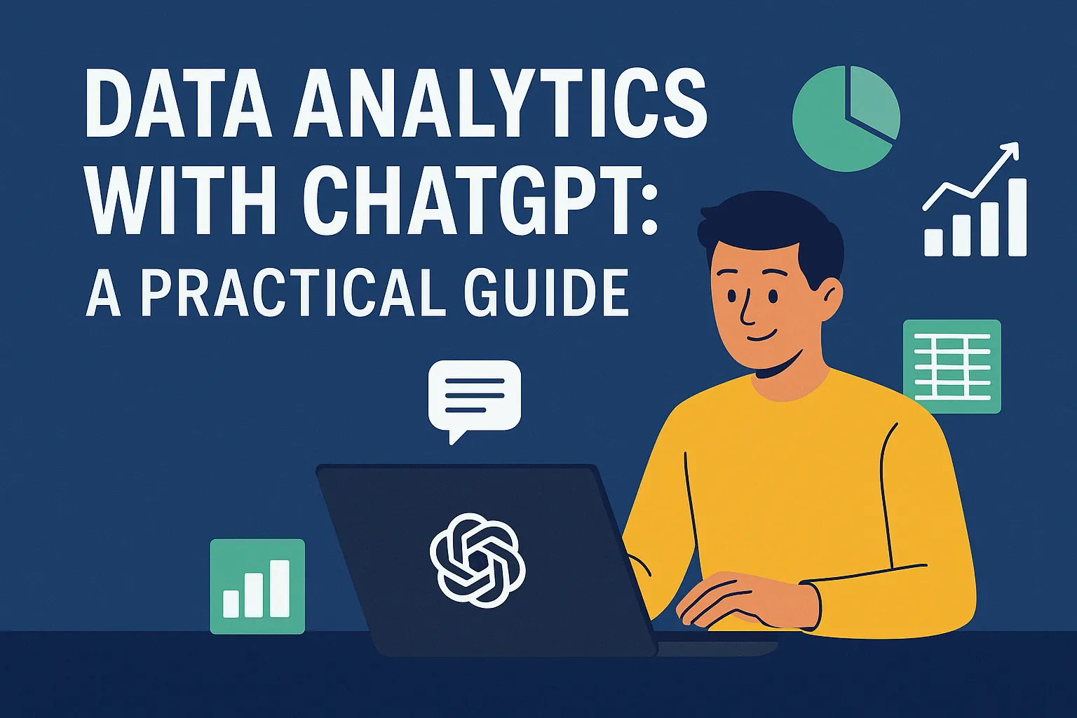 Illustration of a data analyst using ChatGPT on a laptop to analyze and summarize Excel and CSV data, surrounded by charts, tables, and AI icons.