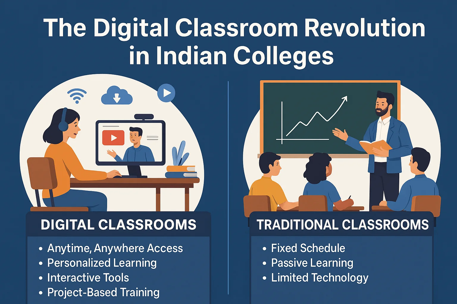 A 2025 comparison of digital classrooms and traditional learning in Indian colleges, highlighting the future of education through technology and innovation.
