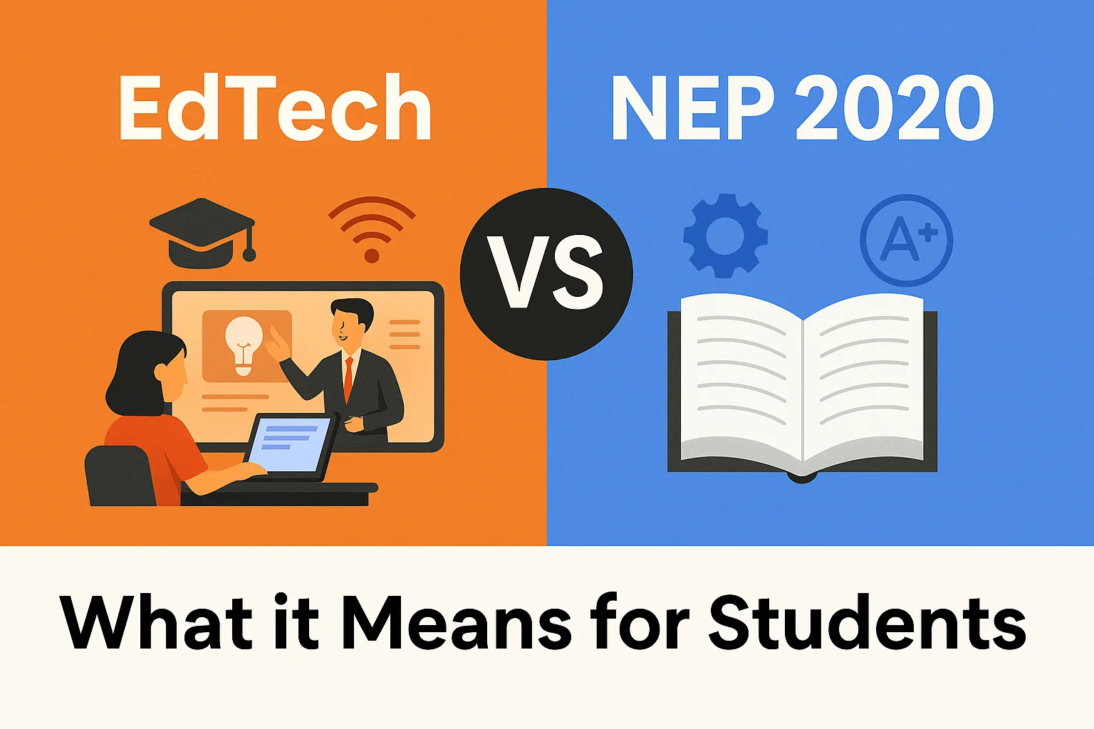 Illustration comparing EdTech learning tools and NEP 2020 reforms, highlighting their combined impact on students in India’s evolving education system.
