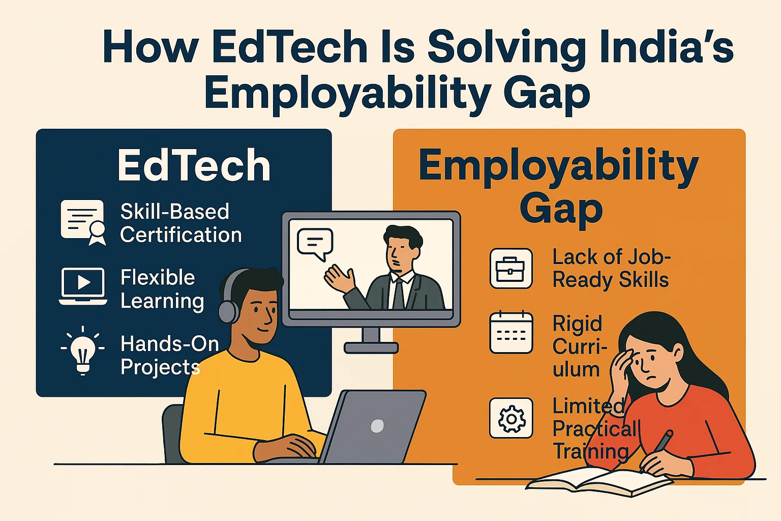 A side-by-side visual of how EdTech addresses India’s employability challenges by offering practical, flexible, and industry-relevant learning for students.
