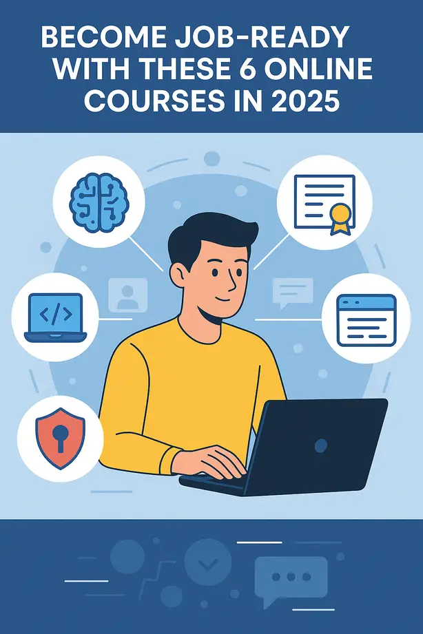 Illustration of a young professional completing online certification courses, surrounded by icons representing AI, coding, cybersecurity, marketing, and job placement.