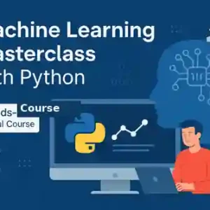Illustration of a student learning machine learning with Python through hands-on virtual training, featuring Python and data science icons