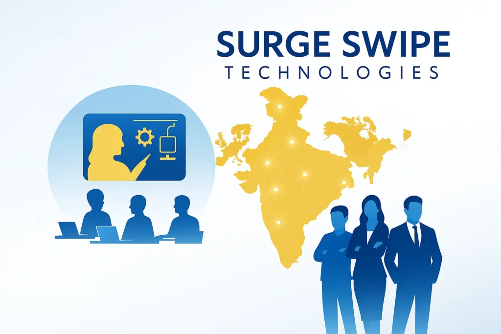 Illustration showing Surge Swipe Technologies' presence in India with a trainer teaching students and a connected digital map