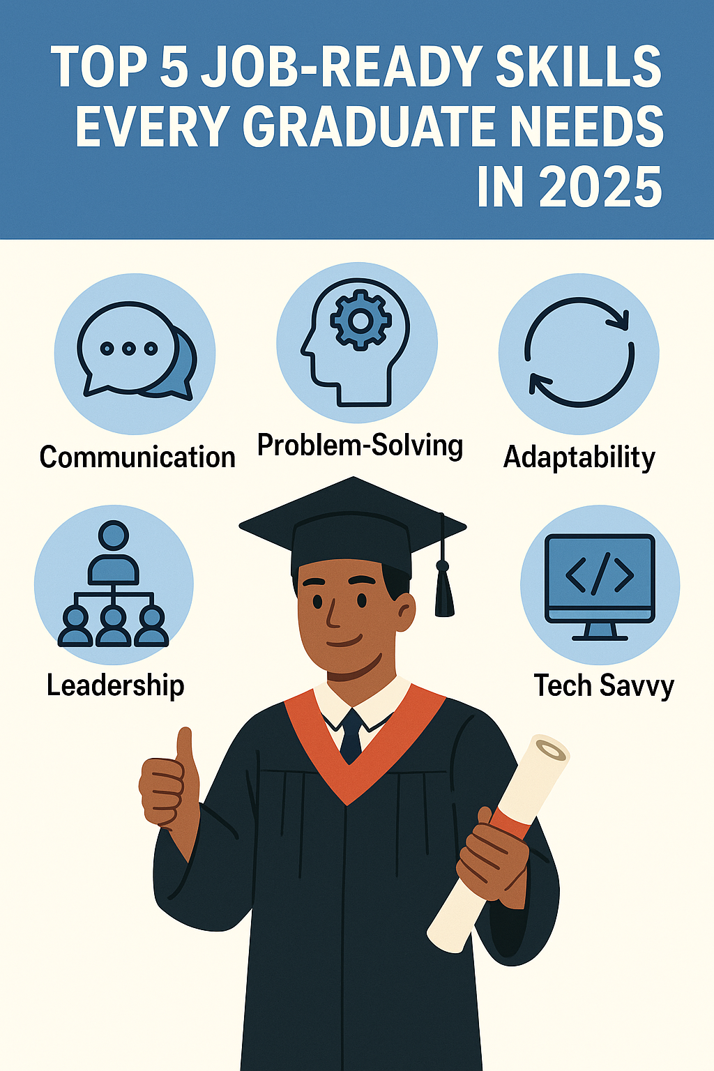Illustration of a confident graduate with icons showing top job-ready skills like communication, problem-solving, adaptability, leadership, and tech savviness in 2025.