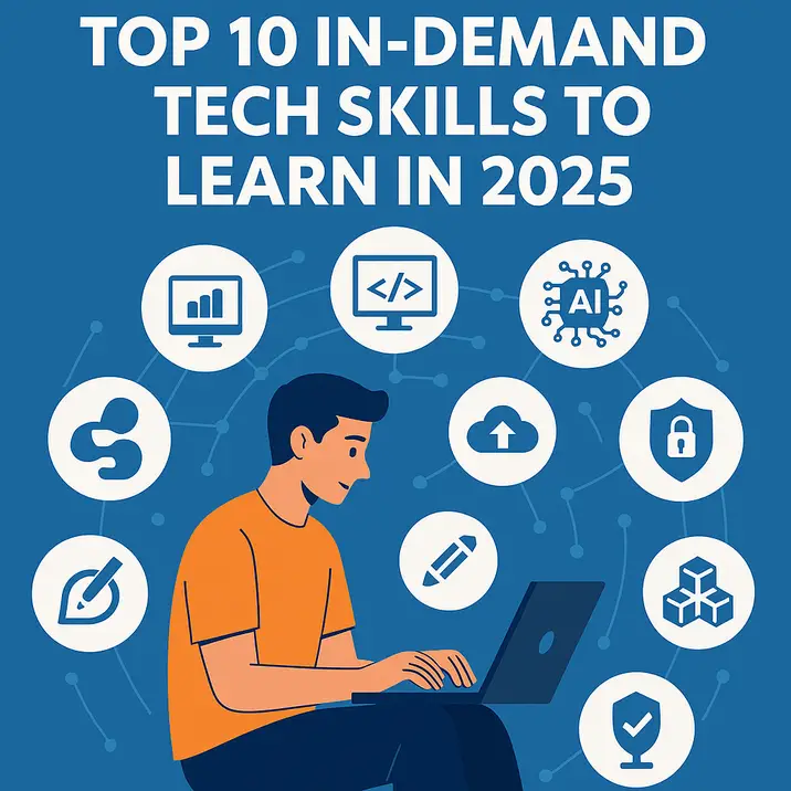 Illustration of a student learning tech skills on a laptop, surrounded by icons representing AI, cybersecurity, coding, cloud, and other in-demand technologies for 2025.