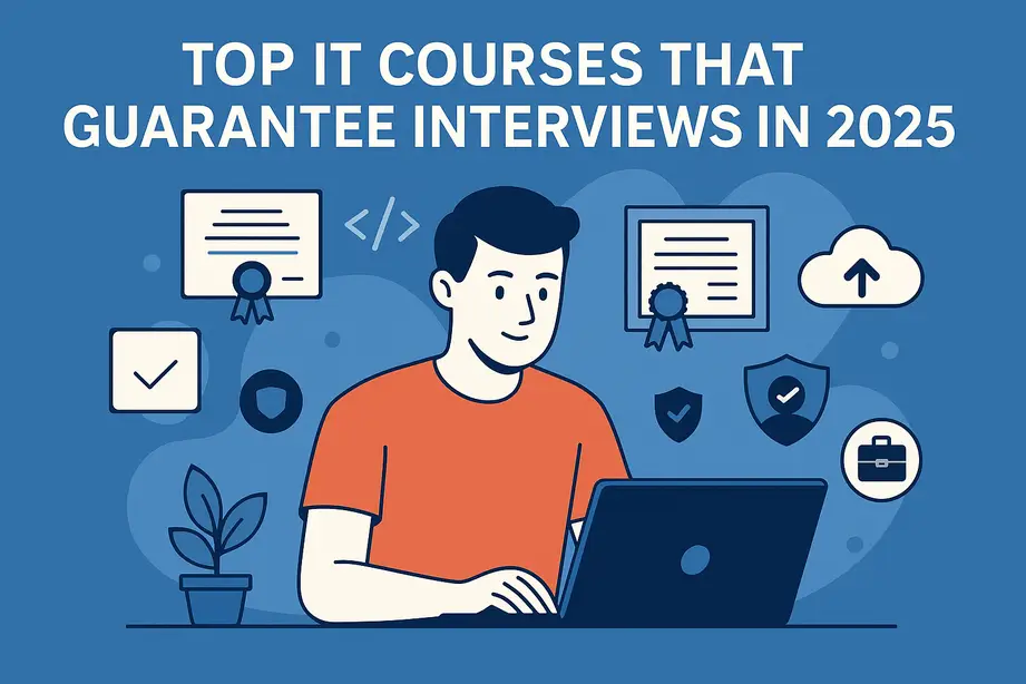 Flat-style digital illustration of a young tech learner surrounded by symbols of coding, cloud computing, analytics, and cybersecurity, representing job-ready IT courses.