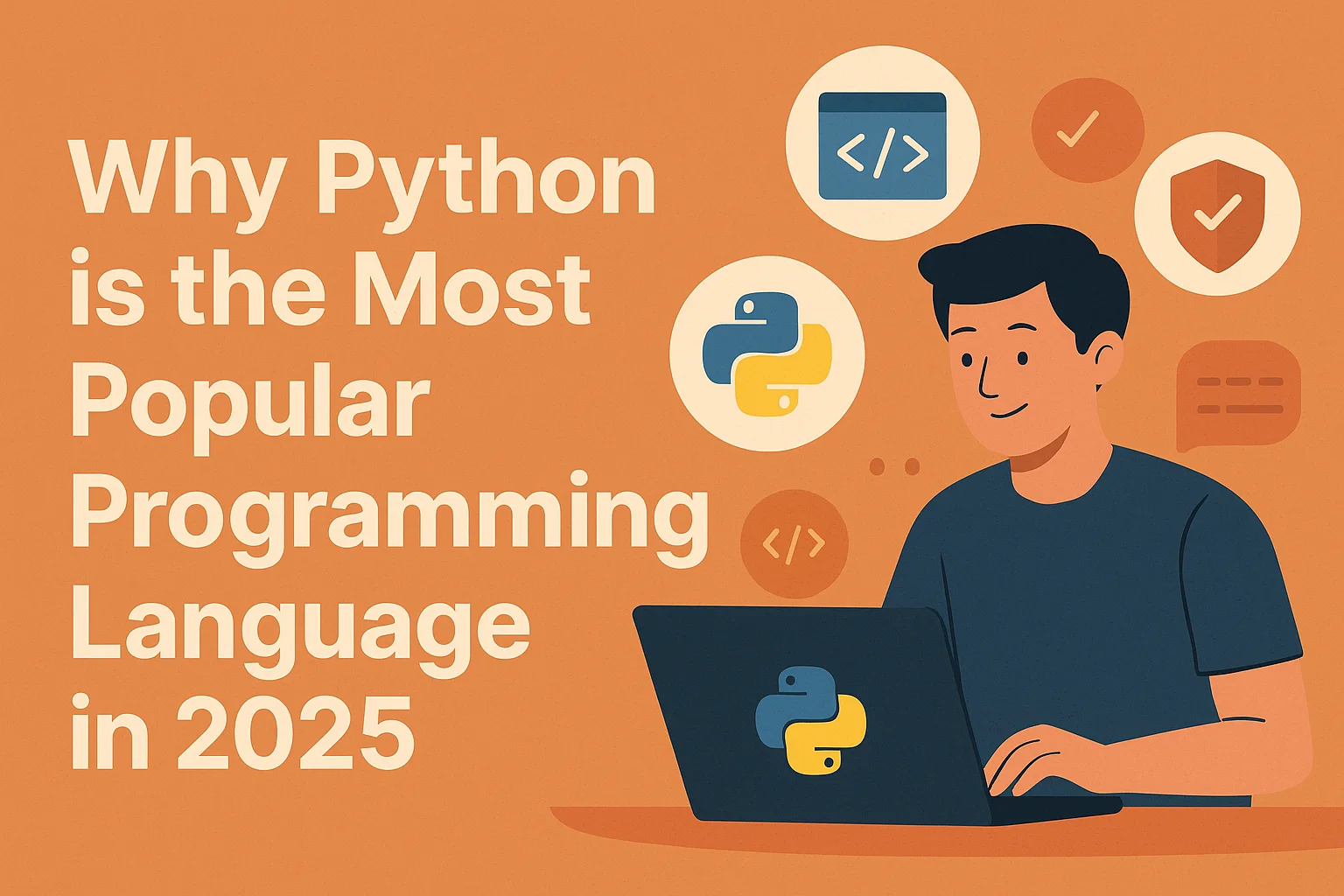 Illustration of a developer using a laptop with the Python logo, surrounded by coding icons and a headline highlighting Python’s popularity in 2025.