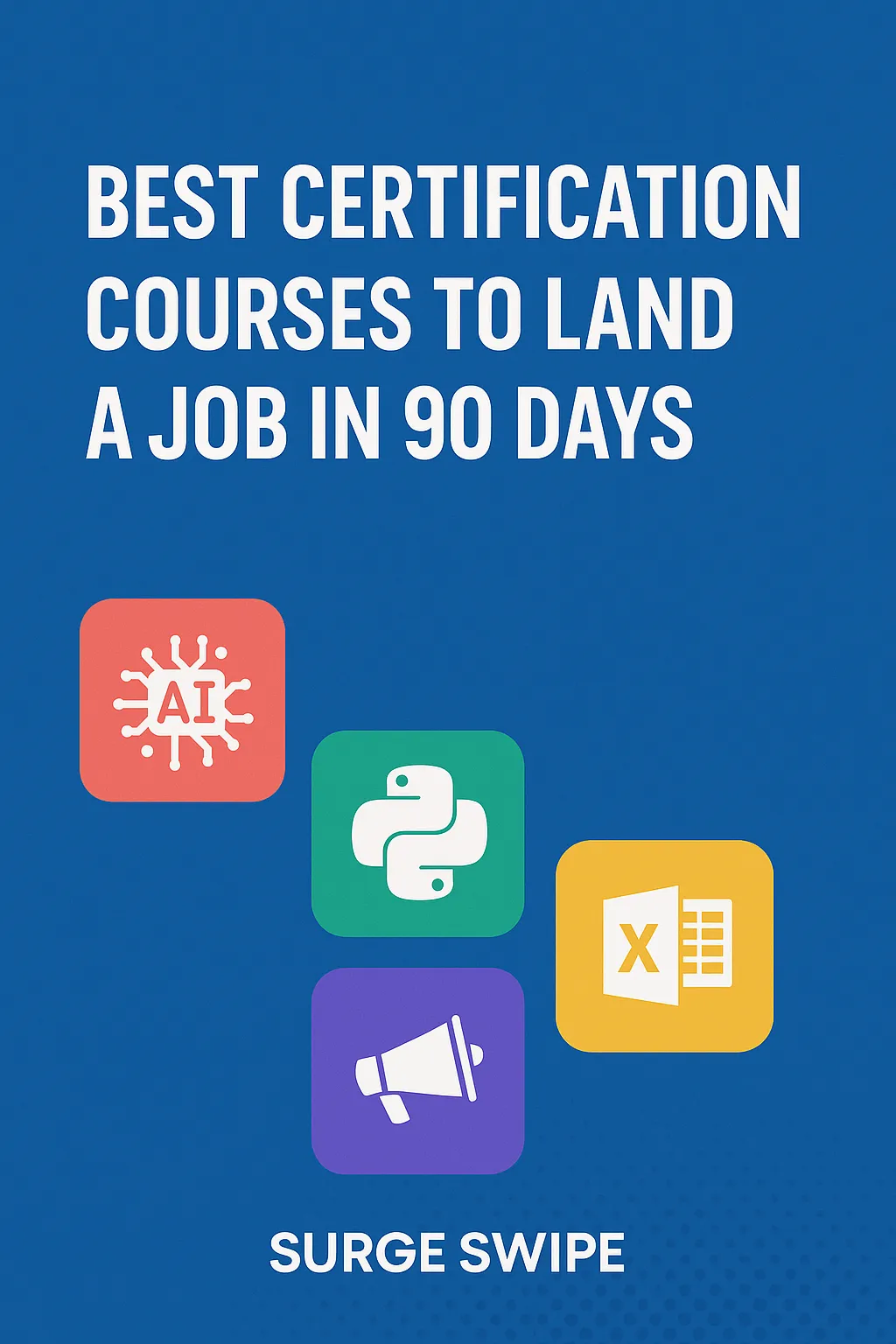 Infographic showing top online certification courses like AI, Python, Excel, and marketing designed to help you land a job in 90 days by Surge Swipe Technologies