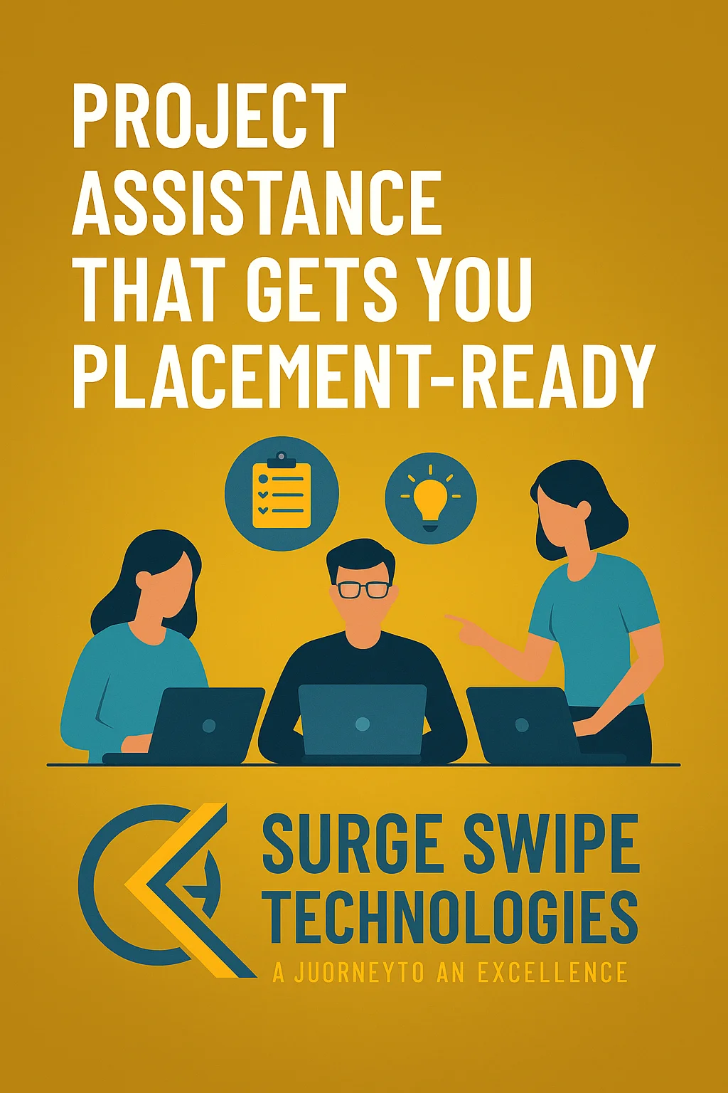 Students receiving project guidance and mentorship from Surge Swipe Technologies, building hands-on, job-ready projects with laptops and collaboration icons