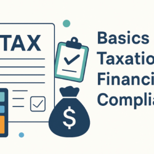 Basics of Taxation & Financial Compliance course cover with tax document, calculator, and money bag icons