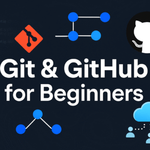 Git & GitHub for Beginners Online Course Poster with version control symbols and collaboration imagery
