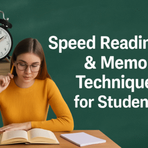 A student in glasses studying at a desk with books, a clock, and the title “Speed Reading & Memory Techniques for Students” on a green chalkboard background.