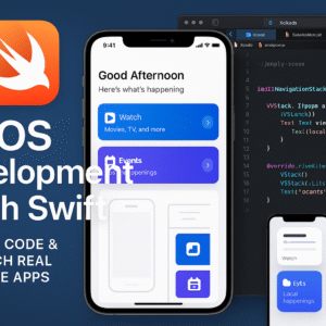 Poster for iOS Development with Swift online course showing iPhone screen, Xcode interface, and Swift logo