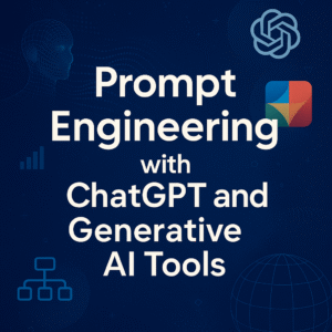 Digital course poster with the title "Prompt Engineering with ChatGPT and Generative AI Tools" on a tech-themed blue background featuring AI graphics.